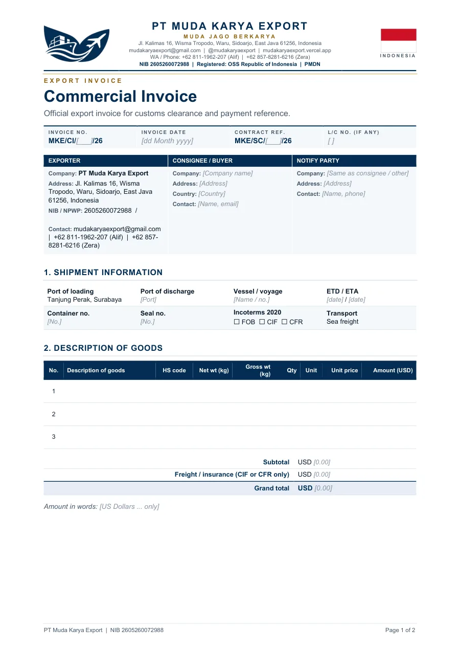 Sample first page of the Commercial Invoice template