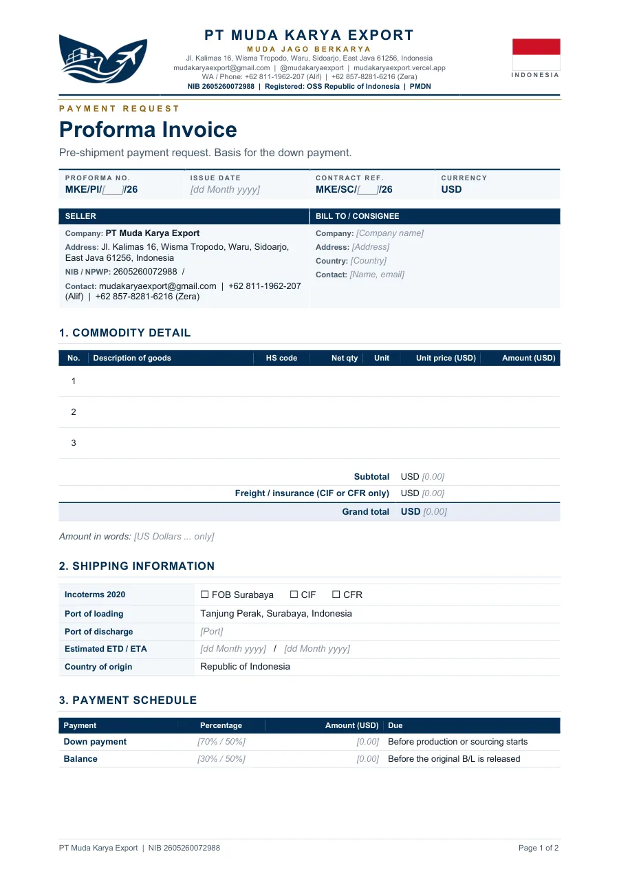 Sample first page of the Proforma Invoice template